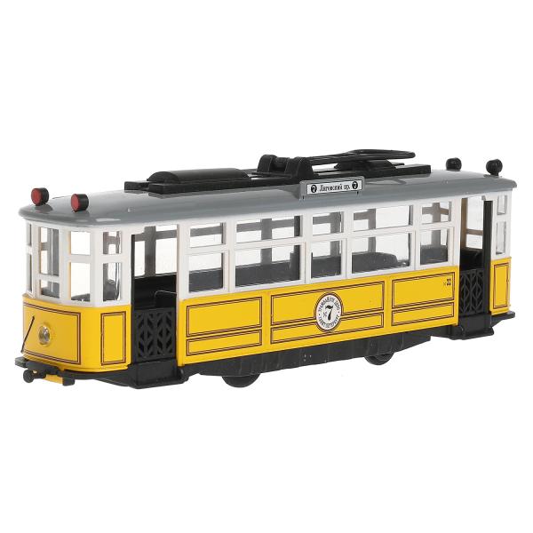 Модель Ретро-трамвай 17 см свет-звук двери открываются инерционная металлическая желтый  