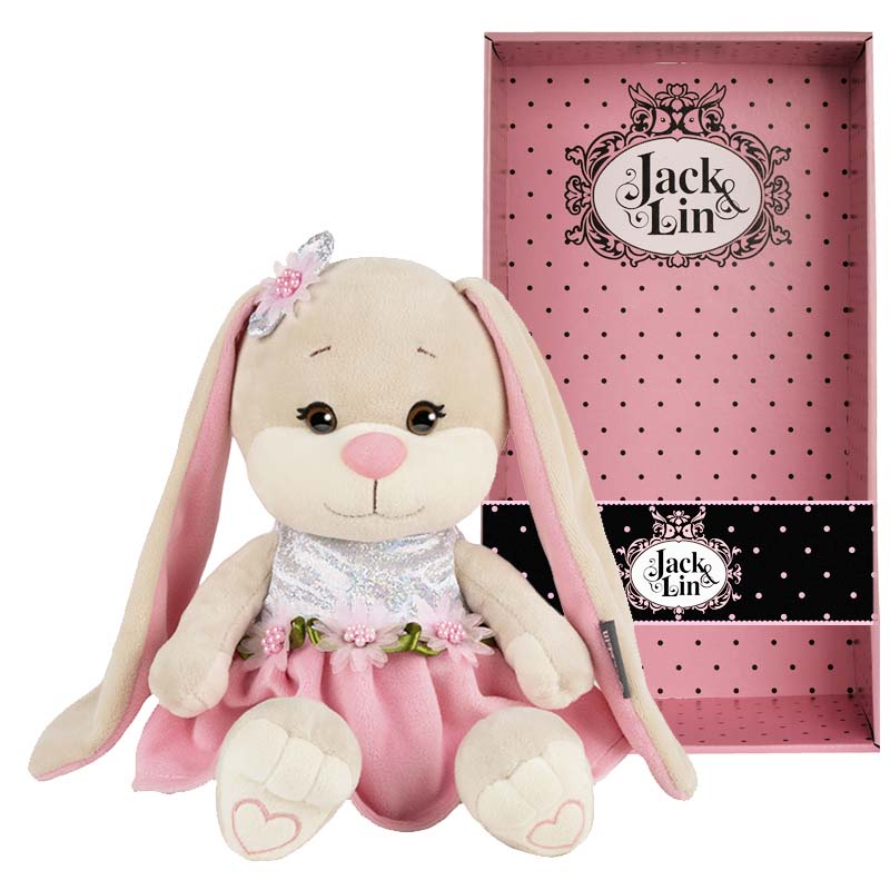 Мягкая игрушка - Зайка Jack&Lin в розовом платьице с цветами, 20 см  