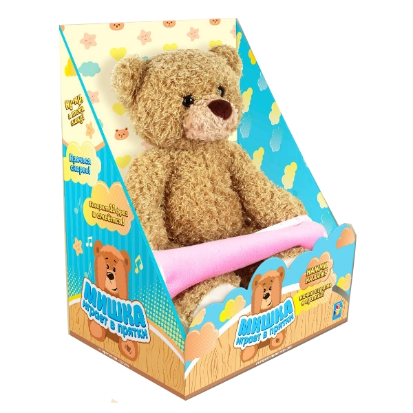 Интерактивная плюшевая игрушка – Мишка, играет в прятки, розовое одеяло, 7 фраз, подвижный ротик и лапки, 25 см  