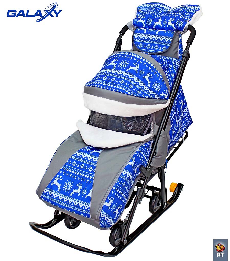 Санки-коляска на больших мягких колесах с сумкой и муфтой - Snow Galaxy Luxe, зимняя ночь, олени синие  