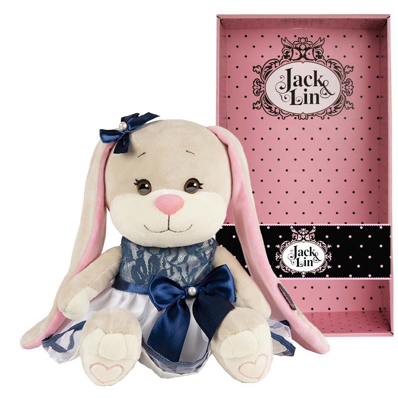 Мягкая игрушка - Зайка Jack&Lin в сине-белом платье с бантом, 25 см  