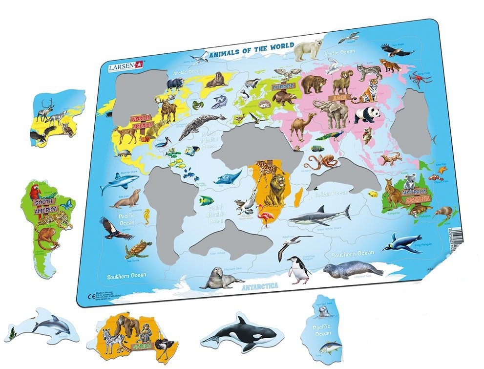 Обучающий пазл - Карта мира с животными, 28 деталей  