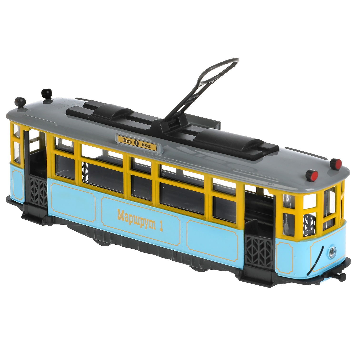 Модель Трамвай Ретро 17 см свет-звук двери открываются инерционная металлическая  