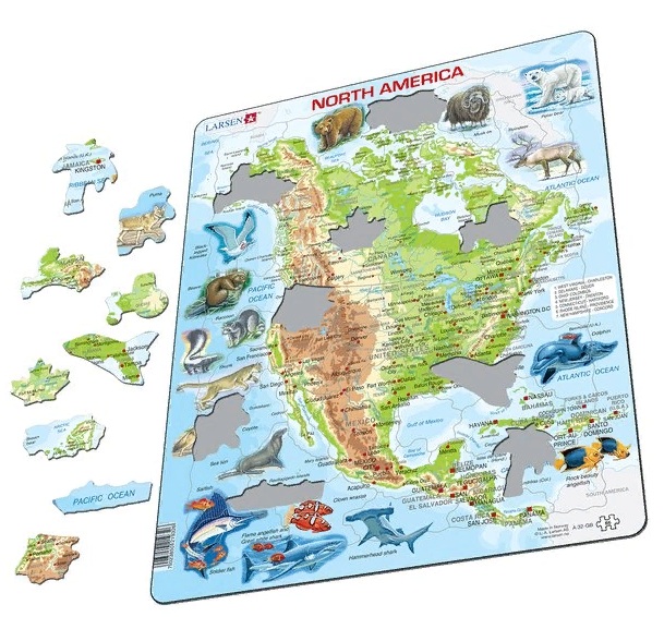 Пазл-головоломка - Карта Северной Америки с животными, 66 элементов  