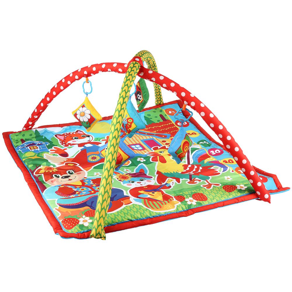Детский игровой коврик-ростомер с мягкими игрушками-пищалками на подвеске  
