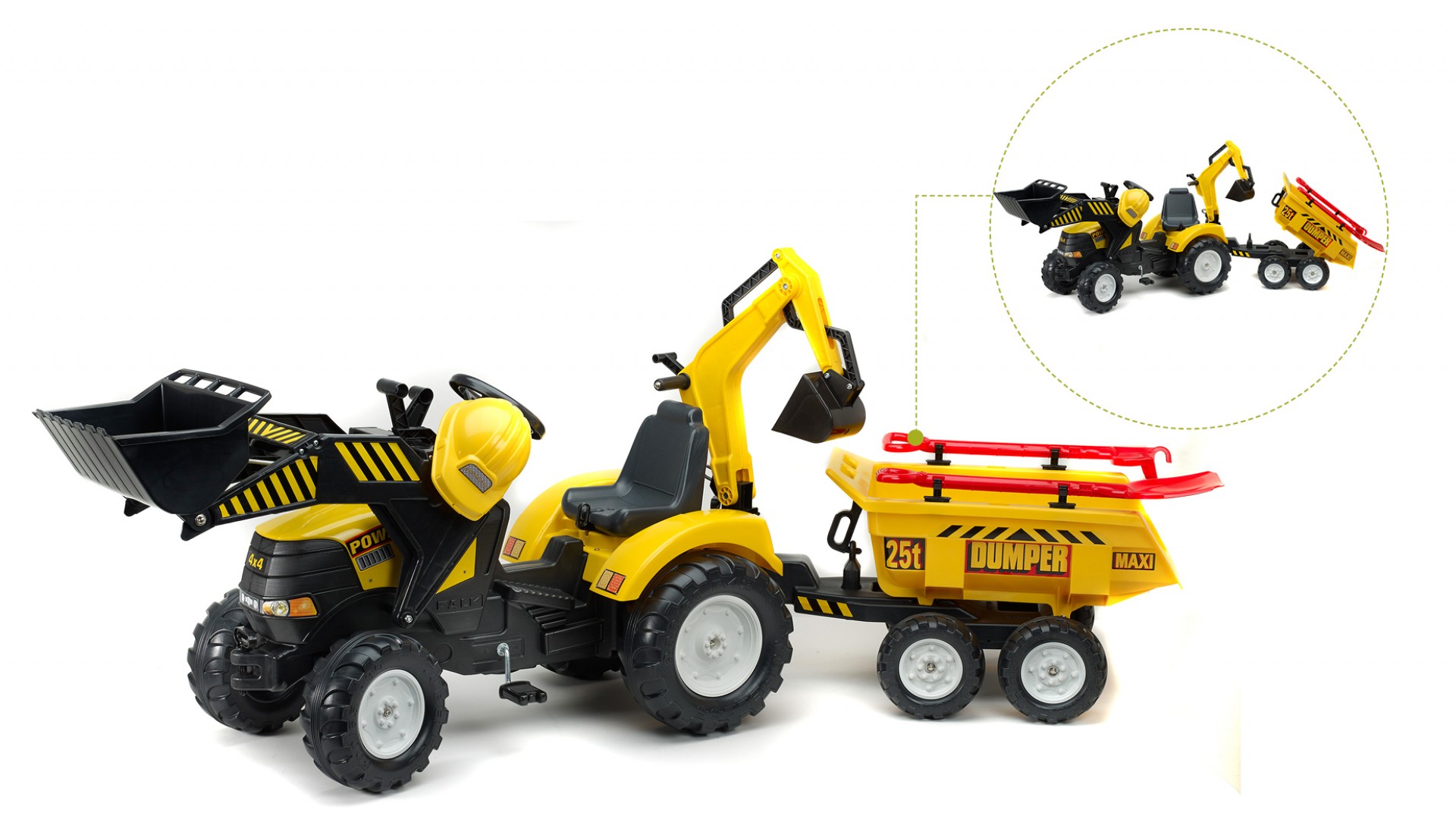 Педальный трактор-экскаватор с прицепом, черно-желтый, 230 см  