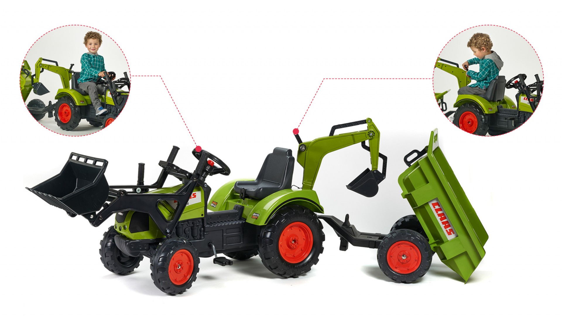 Трактор-экскаватор педальный с прицепом зеленый 219 см.  