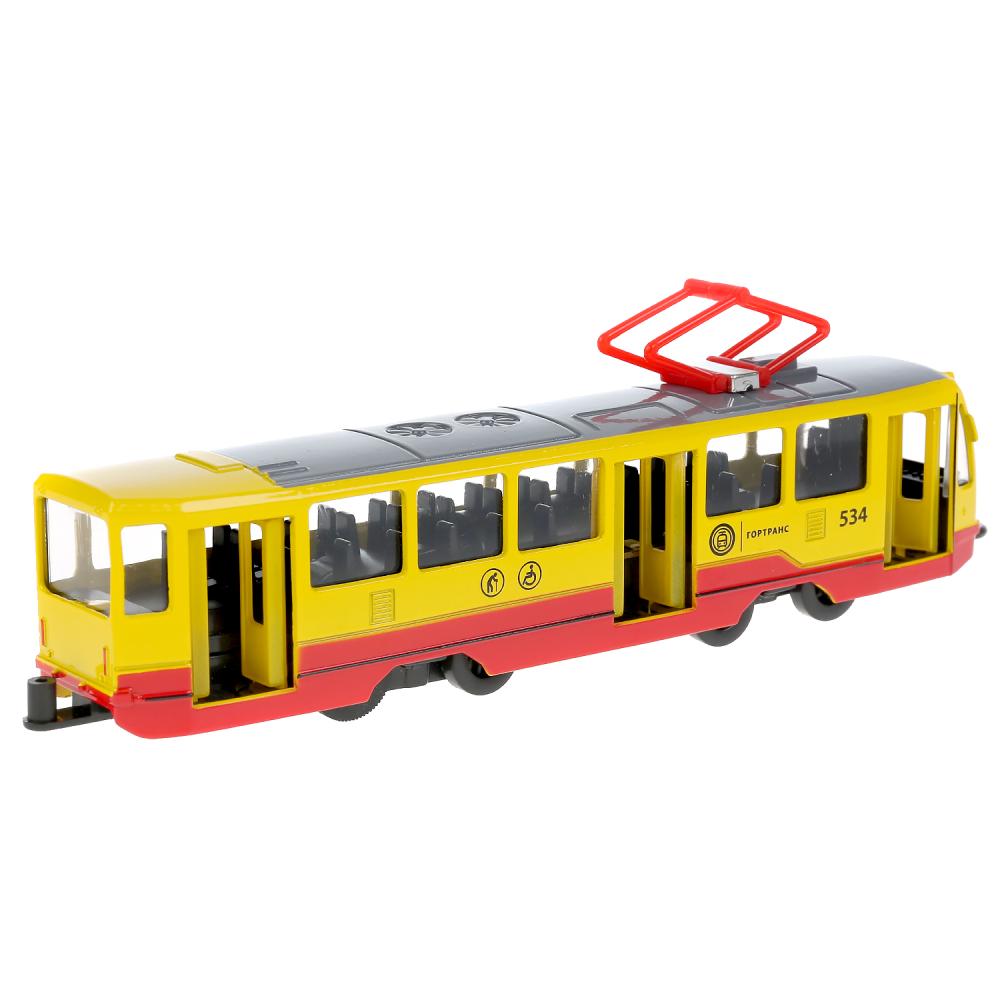 Трамвай 18,5 см желтый свет-звук двери открываются металлический инерционный  