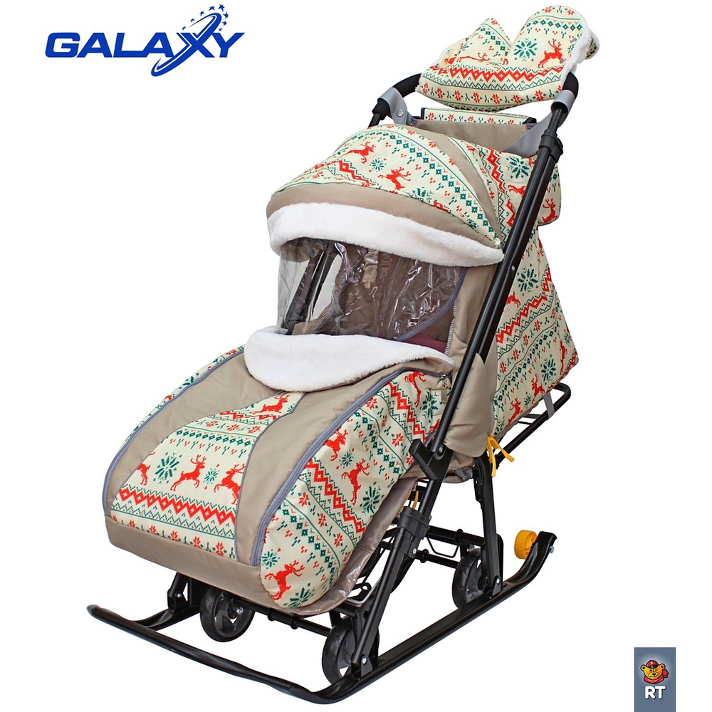 Санки-коляска Snow Galaxy Luxe - Белая ночь - Олени оранжевые на больших мягких колесах в комплекте с сумкой и муфтой  