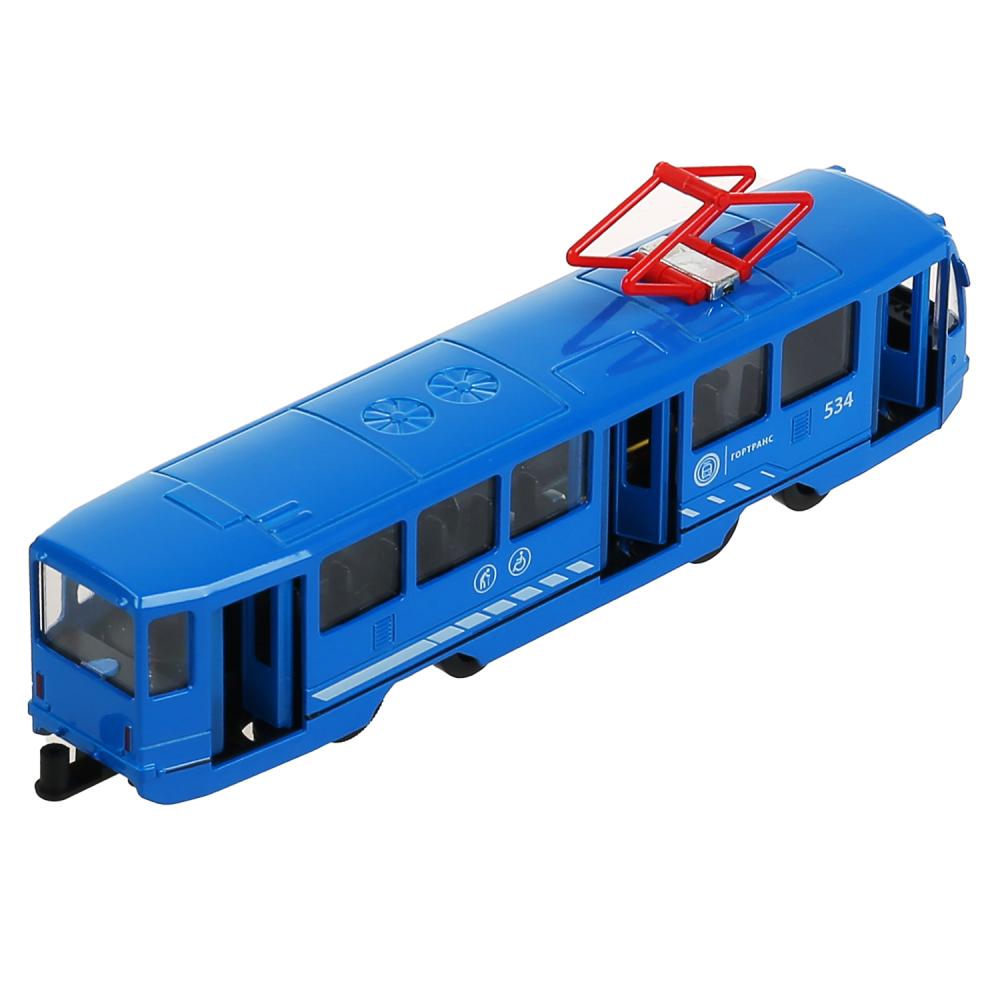 Трамвай 18,5 см синий свет-звук двери открываются металлический инерционный  