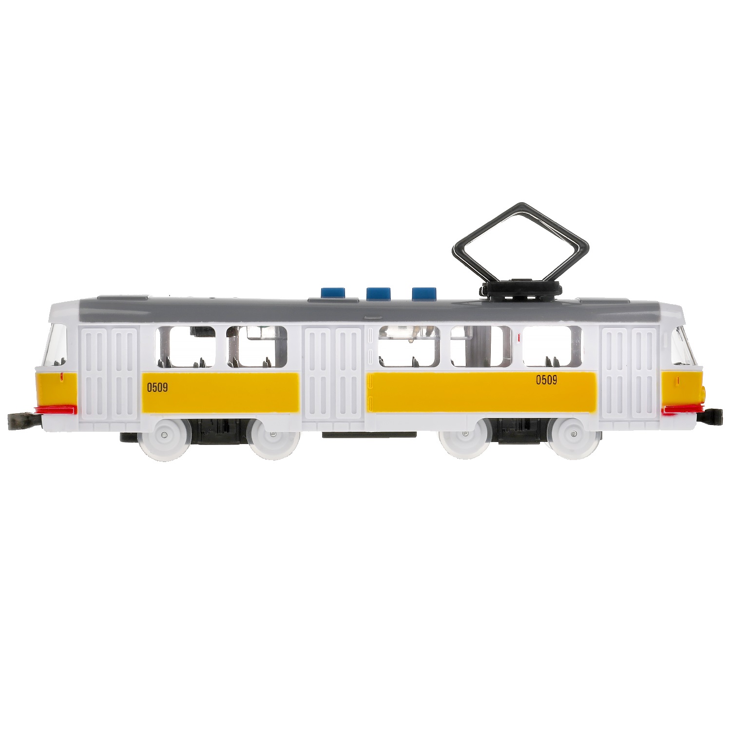 Модель Трамвай 21,5 см свет-звук 3 кнопки инерционный пластиковый желтый  