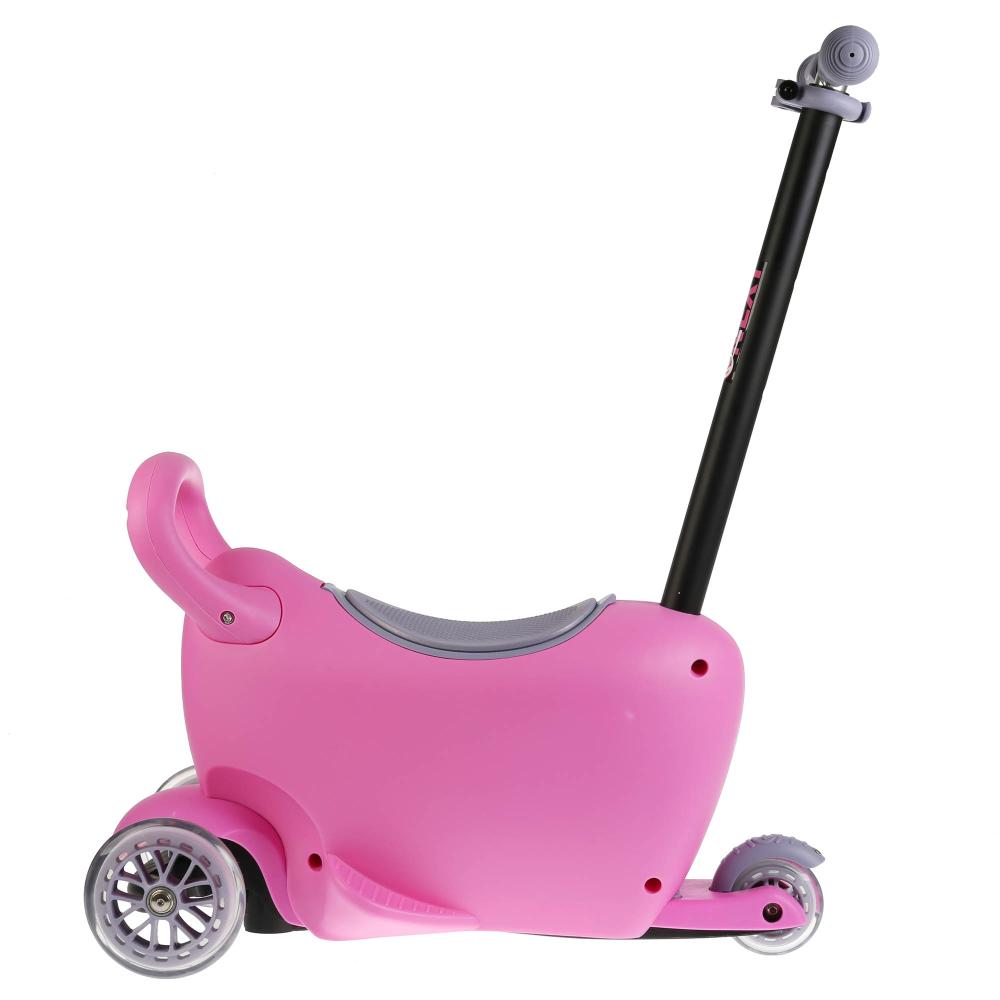 Самокат 3-колесный 3-в-1, управление наклоном, ящик для игрушек, ручка для управления, цвет – розовый  
