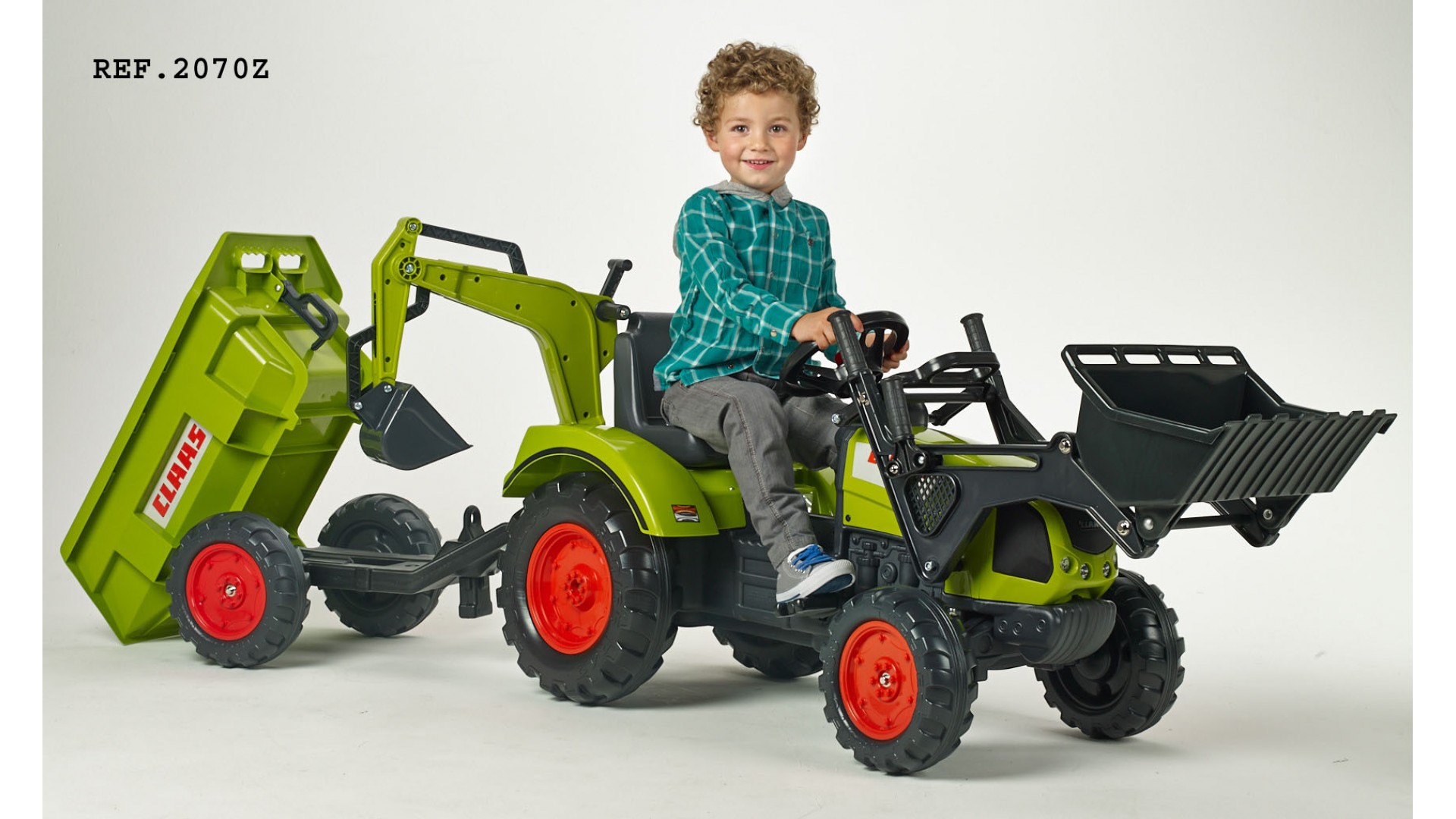Трактор-экскаватор педальный с прицепом зеленый 219 см.  