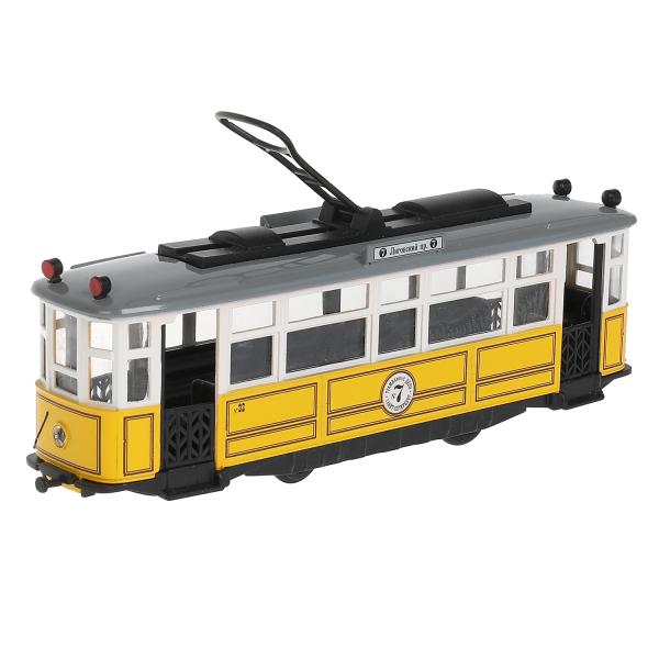 Модель Ретро-трамвай 17 см свет-звук двери открываются инерционная металлическая желтый  