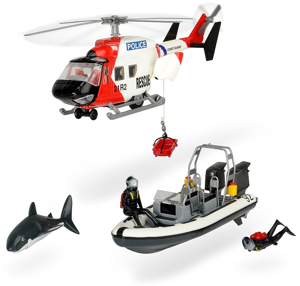 Игровой набор: полицейский вертолет, катер, акула, аквалангисты  