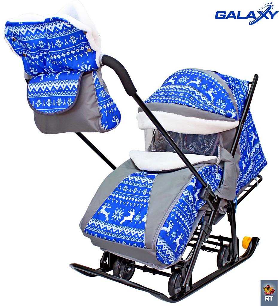 Санки-коляска на больших мягких колесах с сумкой и муфтой - Snow Galaxy Luxe, зимняя ночь, олени синие  