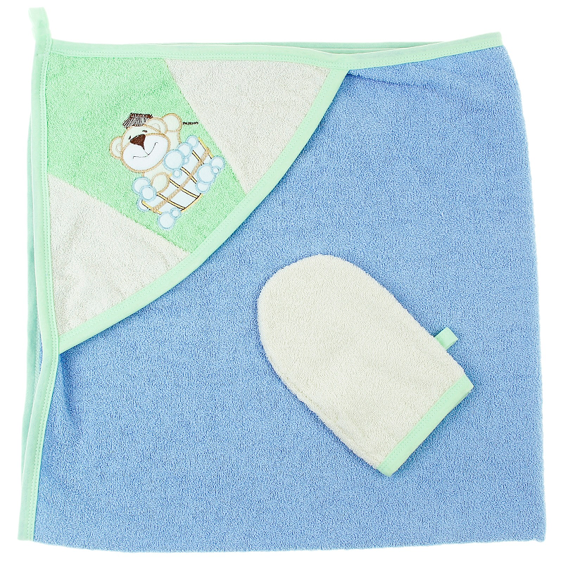 Пеленка-полотенце с варежкой - Забавный мишка, голубой