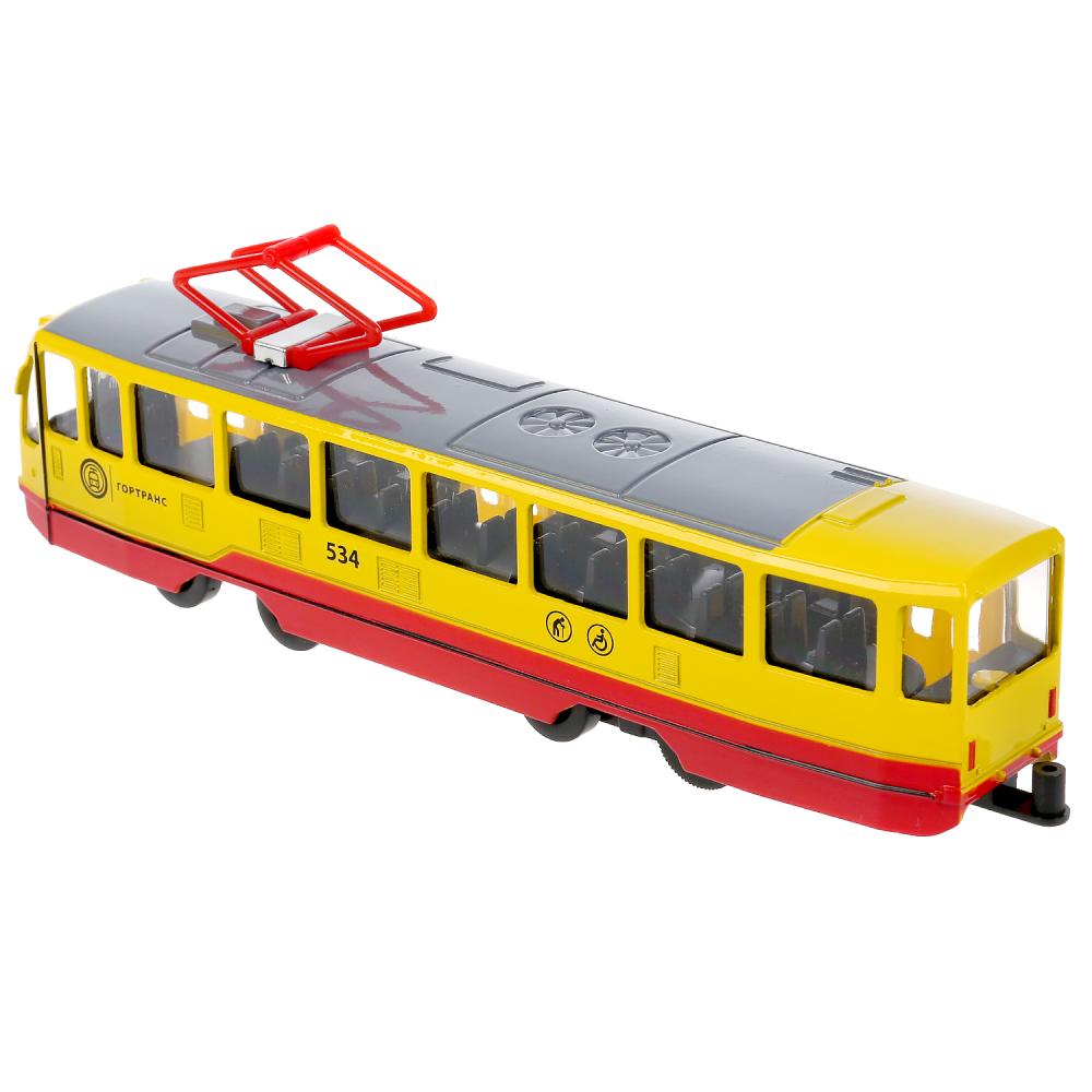 Трамвай 18,5 см желтый свет-звук двери открываются металлический инерционный  