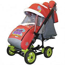 Санки-коляска Snow Galaxy City-3-1 - Совушки на красном на больших колесах, сумка, варежки (RT, 7693) - миниатюра