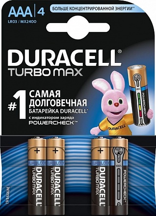 Батарейки Duracell TURBO MAX, типоразмер ААA LR-03, мизинчиковые, 4 штуки