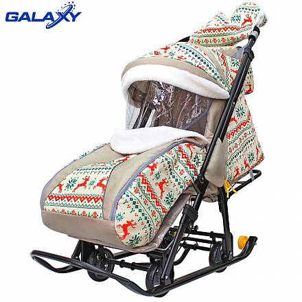Санки-коляска Snow Galaxy Luxe - Белая ночь - Олени оранжевые на больших мягких колесах в комплекте с сумкой и муфтой 