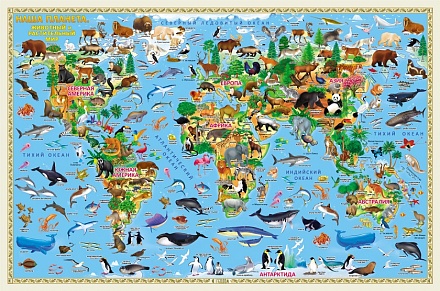 Карта Мира настенная - Наша планета. Животный и растительный мир, 58 х 38 см 