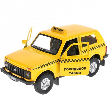 Lada 4x4 Такси - металлическая инерционная машина, 12 см, открываются двери 