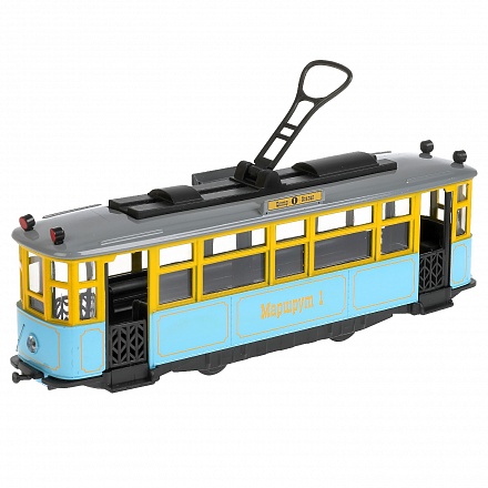 Модель Трамвай Ретро 17 см свет-звук двери открываются инерционная металлическая 