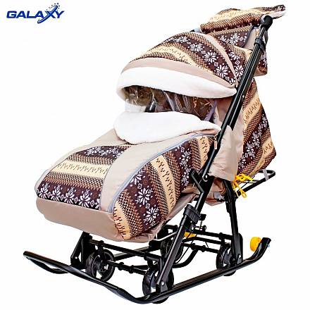 Санки-коляска Snow Galaxy Luxe, Скандинавия, коричневая, на больших мягких колесах c сумкой и муфтой 