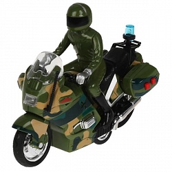 Модель Военный мотоцикл свет-звук 15 см 2 кнопки инерционная пластиковая (Технопарк, MOTOFIG-15PLMIL-GN) - миниатюра