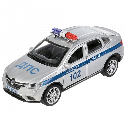 Машина Полиция Renault Arkana 12 см серебристая двери и багажник открываются металлическая 
