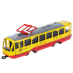 Трамвай 18,5 см желтый свет-звук двери открываются металлический инерционный (Технопарк, TRAM71403-18SL-RDYE) - миниатюра