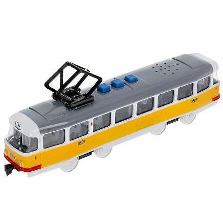 Модель Трамвай 21,5 см свет-звук 3 кнопки инерционный пластиковый желтый 