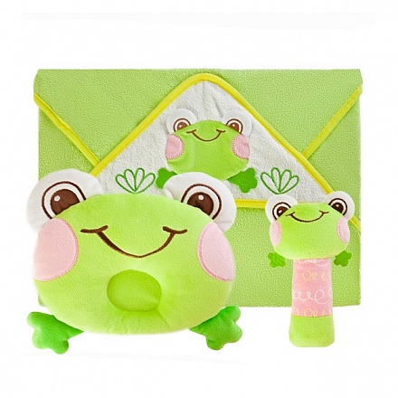 Подарочный набор - Забавный лягушонок: полотенце, погремушка и подушка 