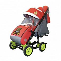 Санки-коляска Snow Galaxy City-3-2 - Мишка с бабочкой на красном на больших надувных колесах, сумка, варежки (RT, 7701) - миниатюра