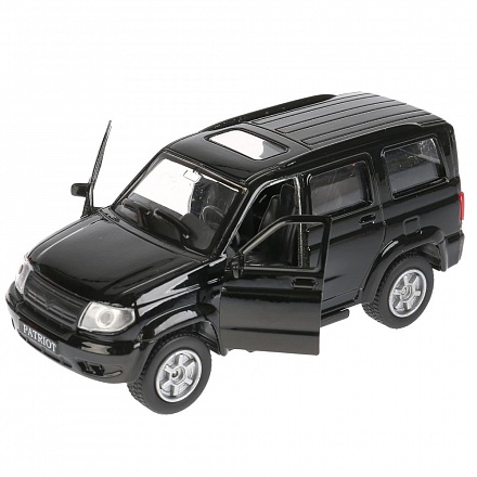 Джип УАЗ Patriot, черный, 12 см, открываются двери и багажник, инерционный механизм 