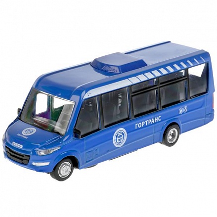 Модель Автобус Iveco Daily свет-звук 15 см двери открываются синий металлическая инерционная 