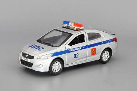 Машина металлическая Hyundai Solaris Полиция 12 см, открываются двери и багажник, инерционная 