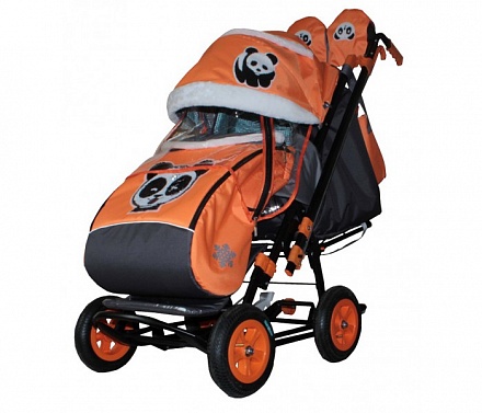 Санки-коляска Snow Galaxy City-2 - Панда на оранжевом, на больших колесах Eva, сумка, варежки 