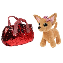Мягкая игрушка – Собачка, 15 см в красной сумочке из пайеток (Мой питомец, CT-AD191170-RED) - миниатюра