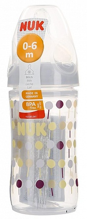 Бутылочка Nuk First Choice New Classic, 150 мл с силиконовой соской, размер М, серый/точки 