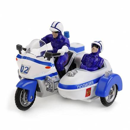 Металлический инерционный мотоцикл - Полиция, с люлькой и 2-я фигурками - свет, звук 