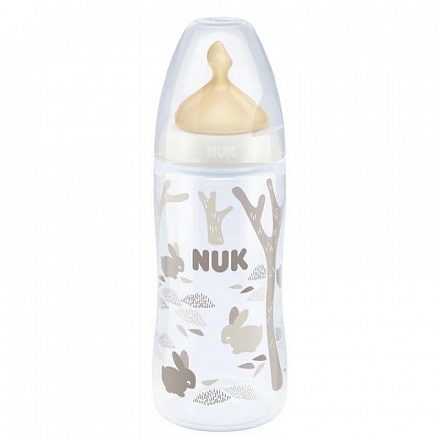 Бутылочка Nuk First Choice Plus, 300 мл с латексной соской, размер М, беж/зайчики 